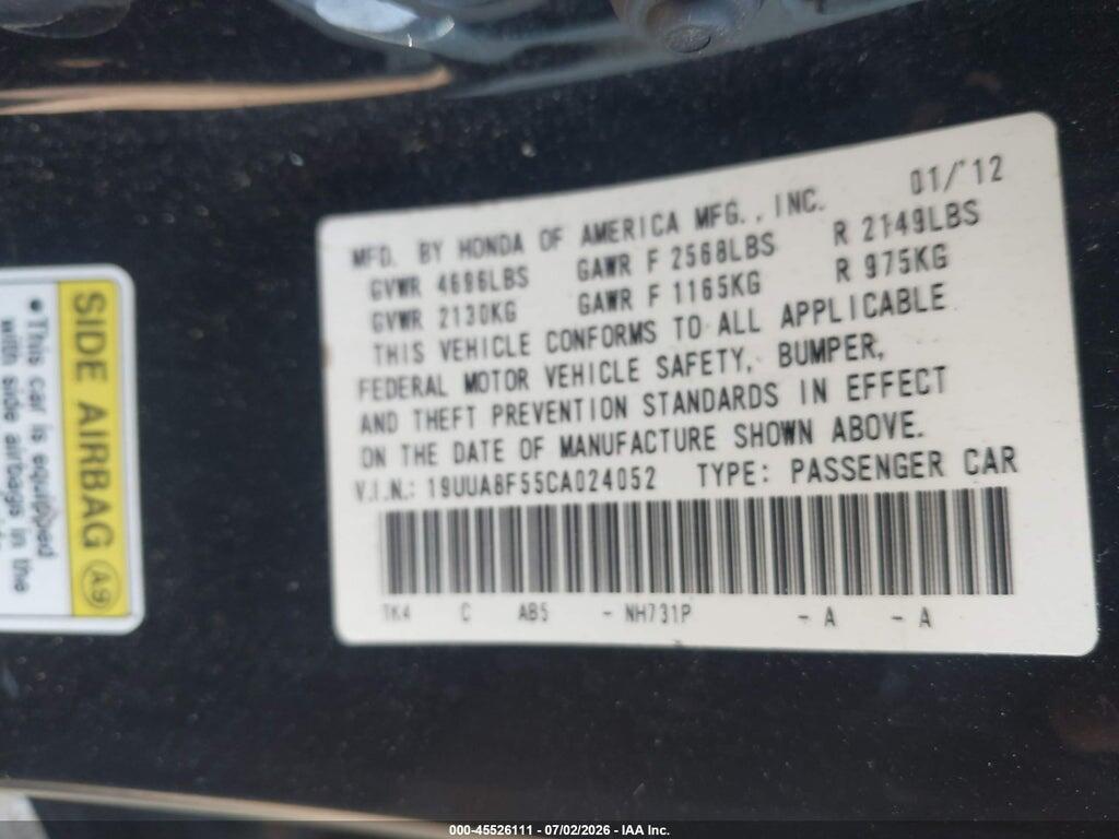 19UUA8F55CA024052 2012 ACURA TL photo no. 9