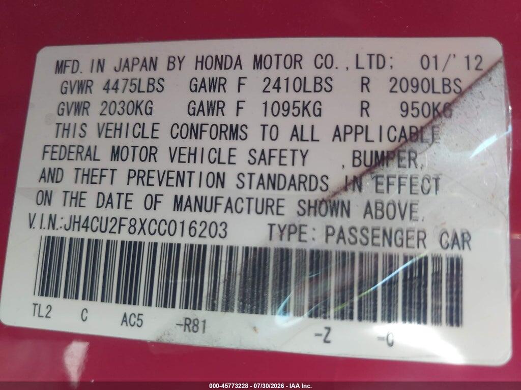 JH4CU2F8XCC016203 2012 ACURA TSX photo no. 9