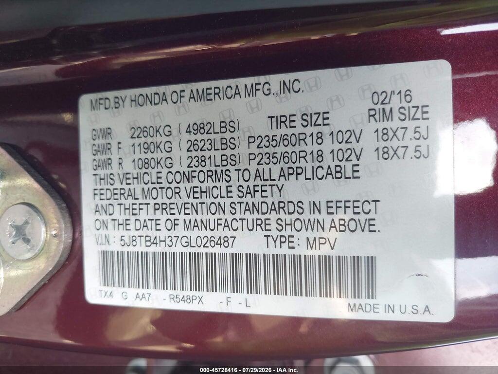 5J8TB4H37GL026487 2016 ACURA RDX photo no. 9