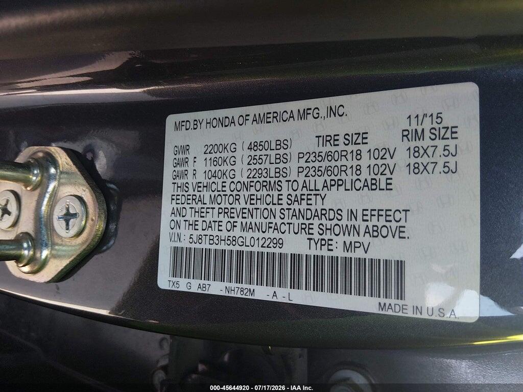 5J8TB3H58GL012299 2016 ACURA RDX photo no. 9