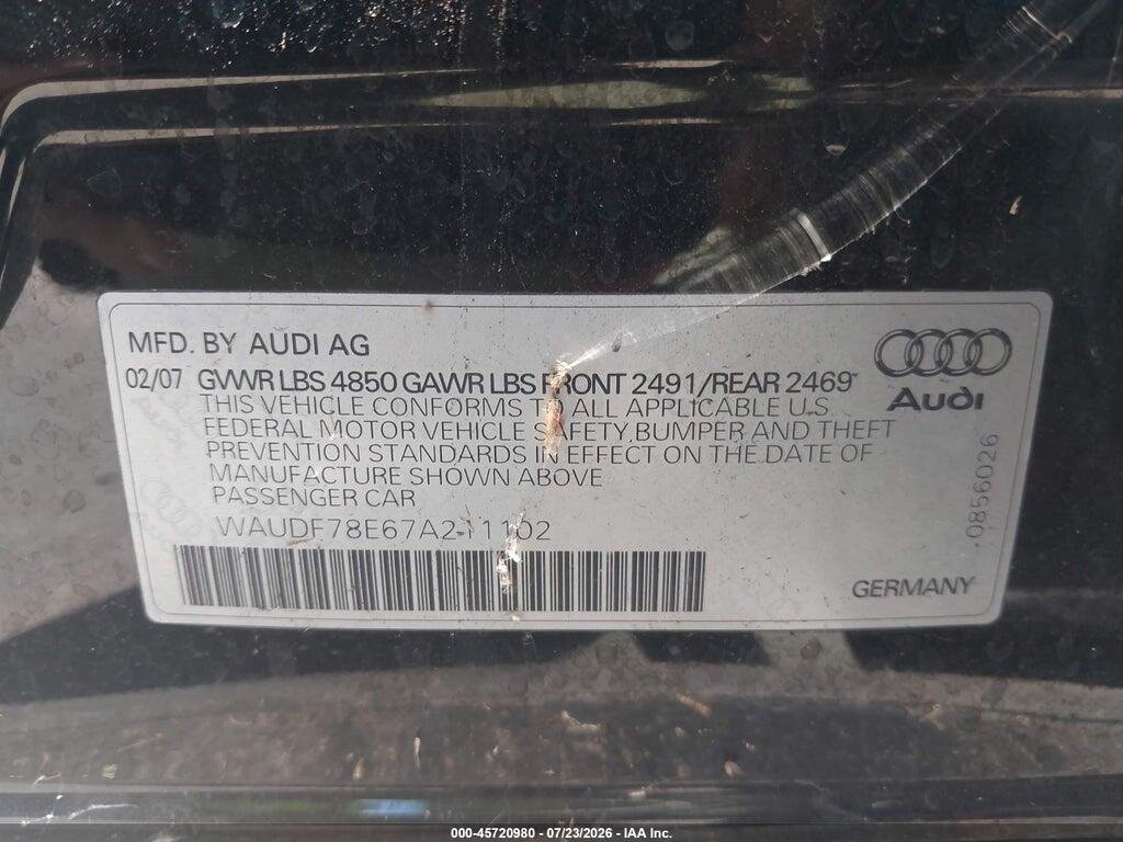 WAUDF78E67A211102 2007 AUDI A4 photo no. 9