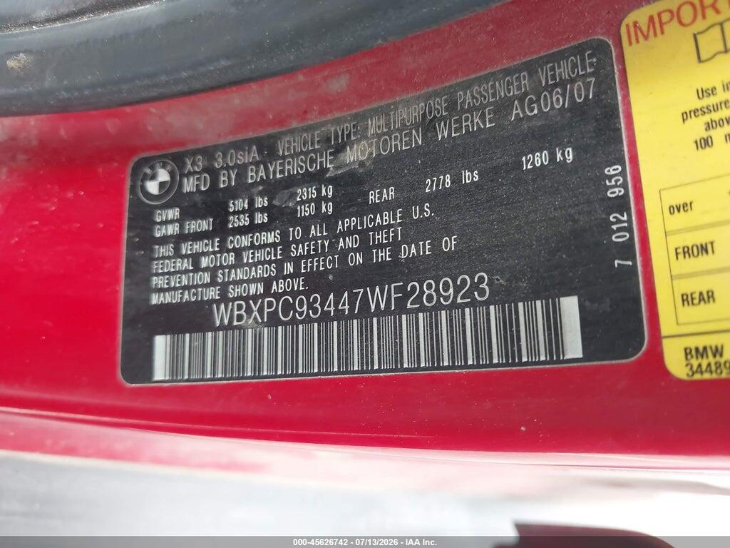 WBXPC93447WF28923 2007 BMW X3 photo no. 9