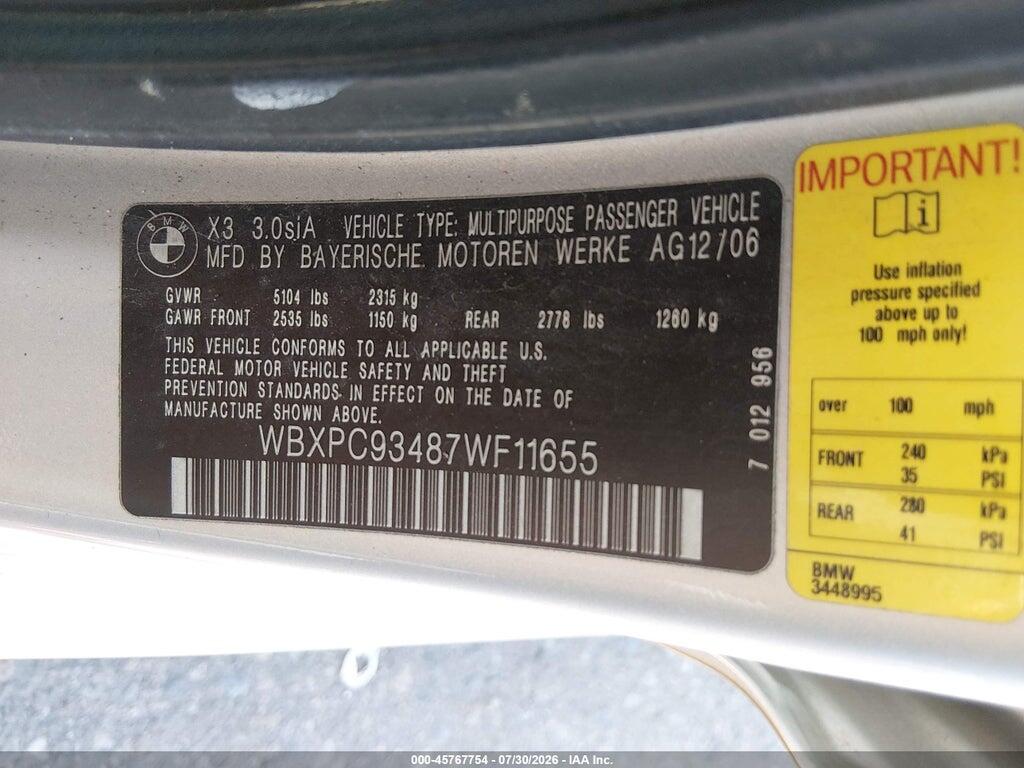 WBXPC93487WF11655 2007 BMW X3 photo no. 9