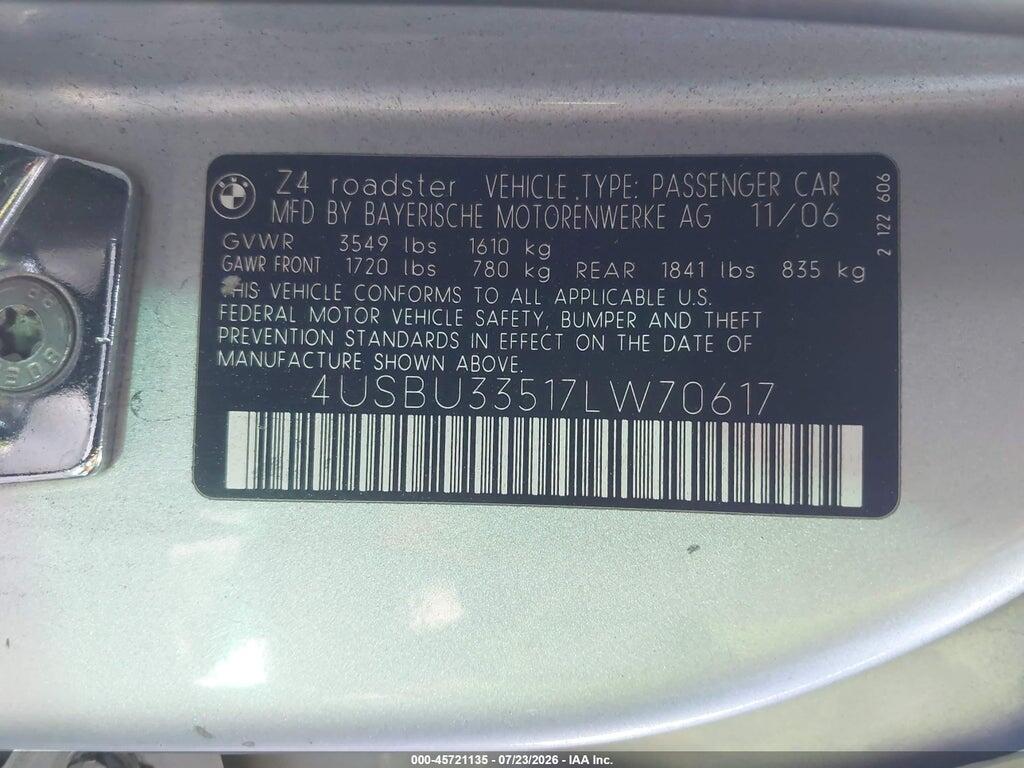 4USBU33517LW70617 2007 BMW Z4 photo no. 9