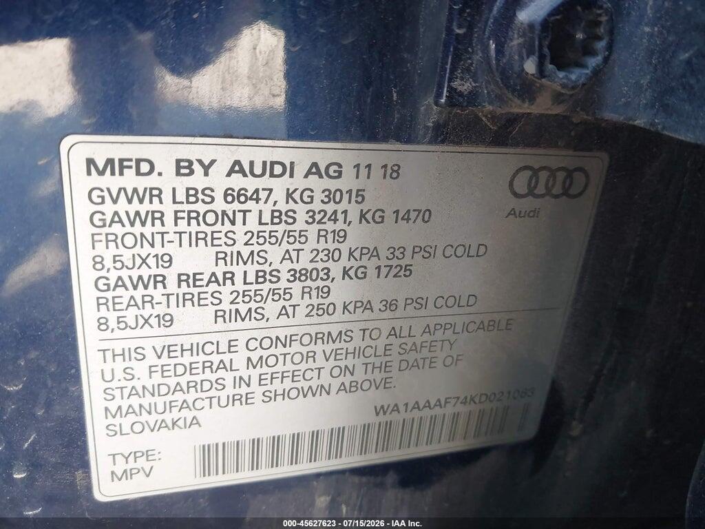 WA1AAAF74KD021063 2019 AUDI Q7 photo no. 9