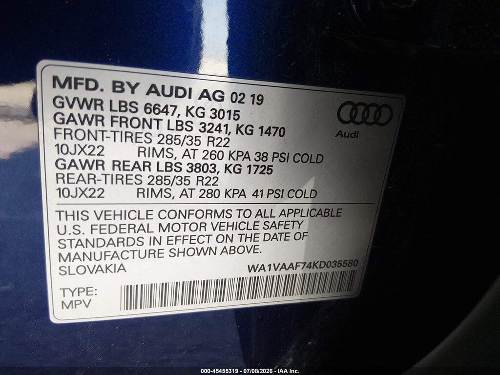 WA1VAAF74KD035580 2019 AUDI Q7 photo no. 9