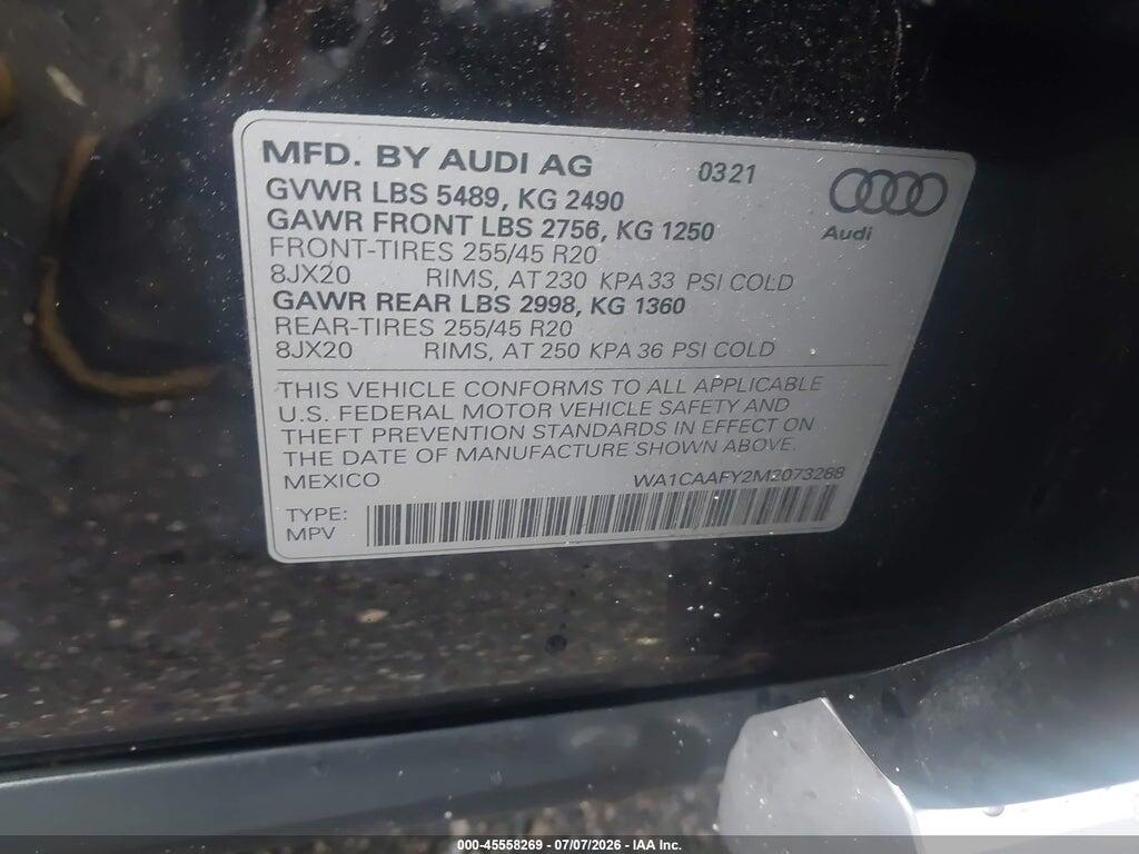 WA1CAAFY2M2073288 2021 AUDI Q5 photo no. 9