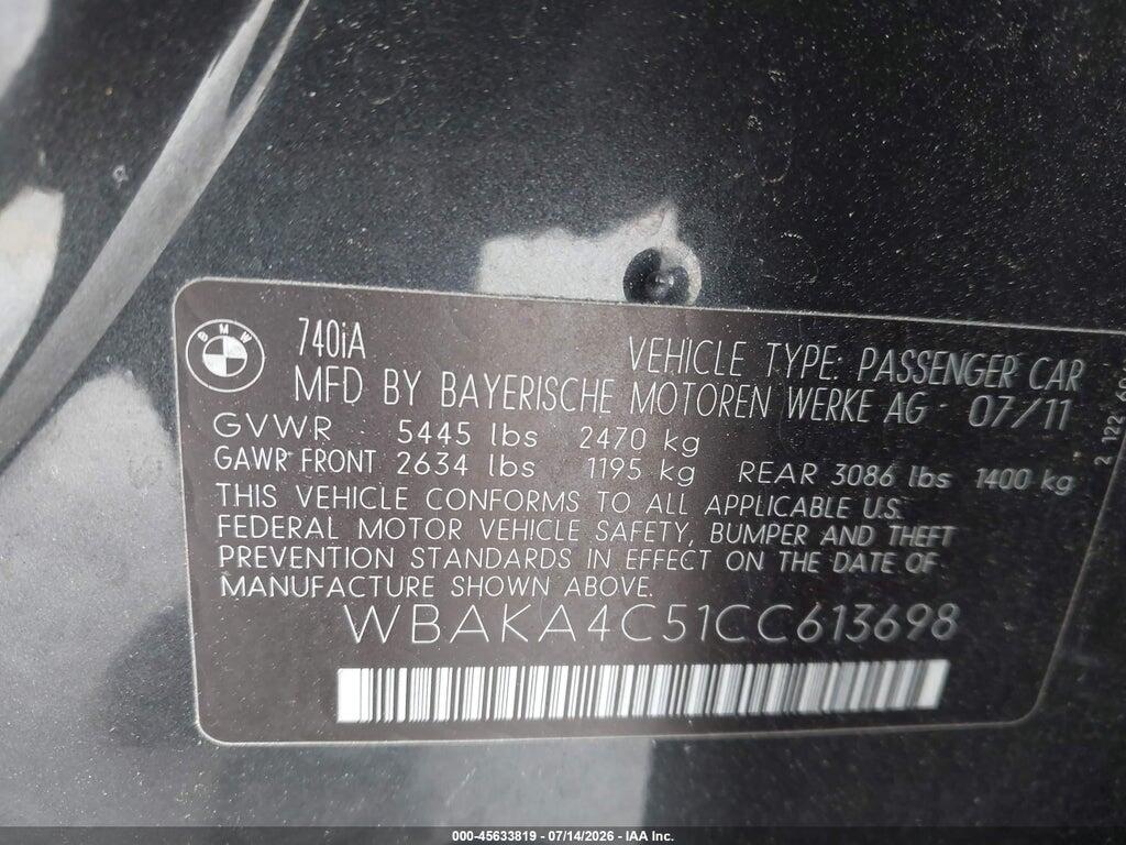 WBAKA4C51CC613698 2012 BMW 740I photo no. 9