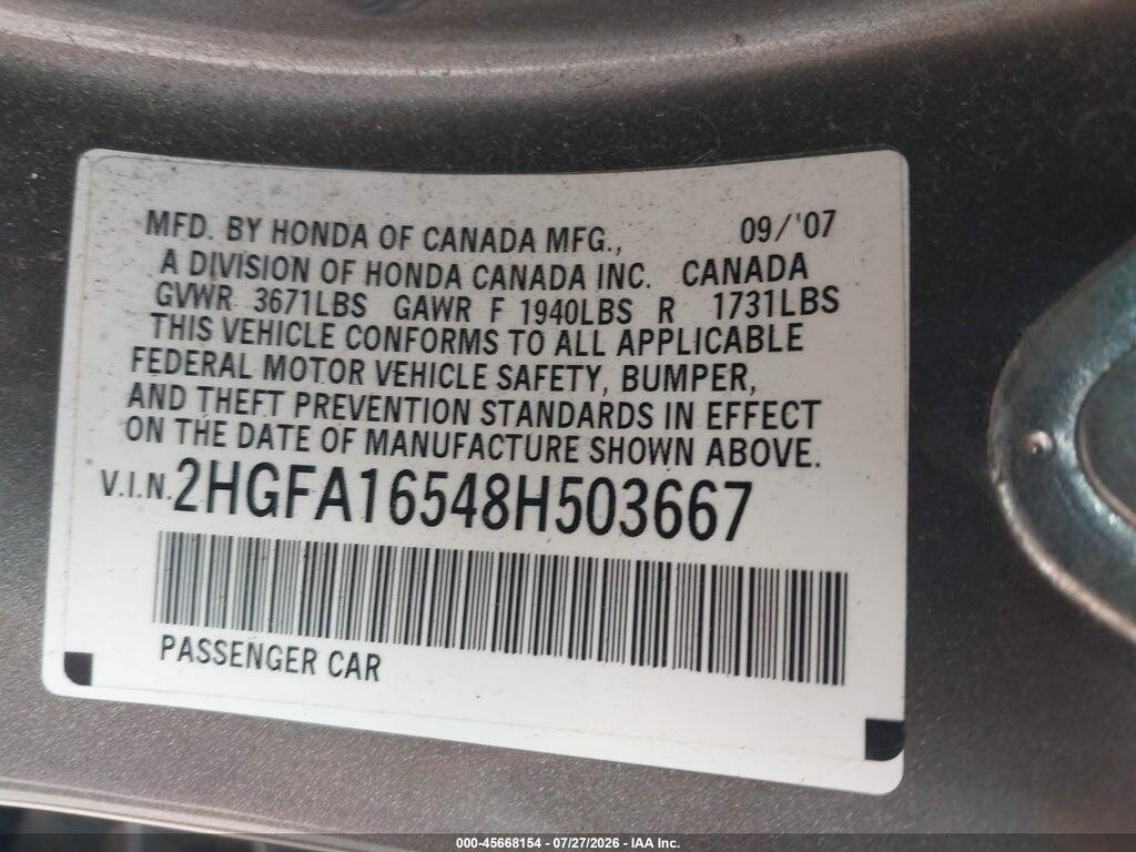 2HGFA16548H503667 2008 HONDA CIVIC photo no. 9