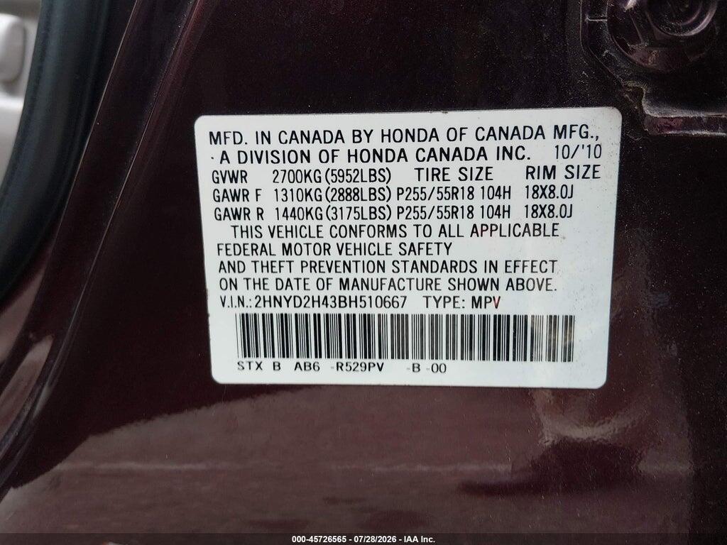 2HNYD2H43BH510667 2011 ACURA MDX photo no. 9