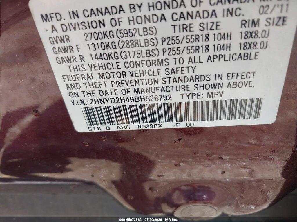 2HNYD2H49BH526792 2011 ACURA MDX photo no. 9