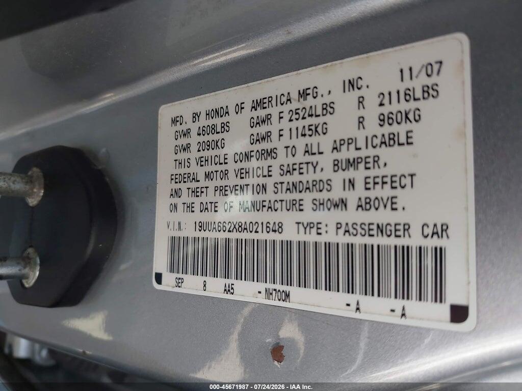 19UUA662X8A021648 2008 ACURA TL photo no. 9