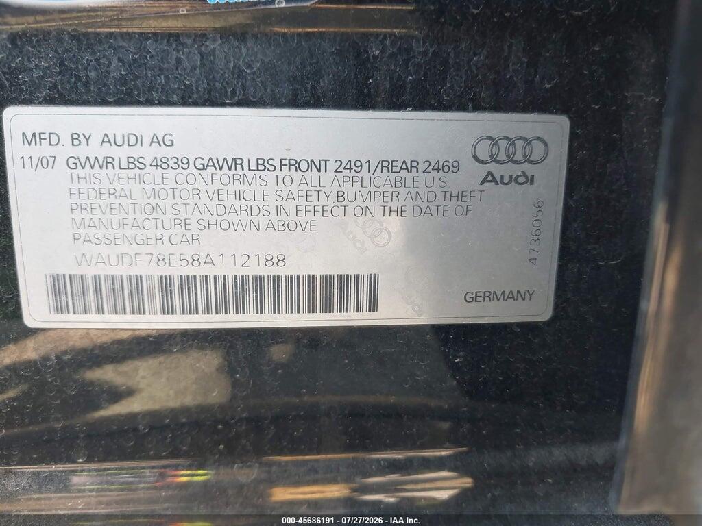 WAUDF78E58A112188 2008 AUDI A4 photo no. 9