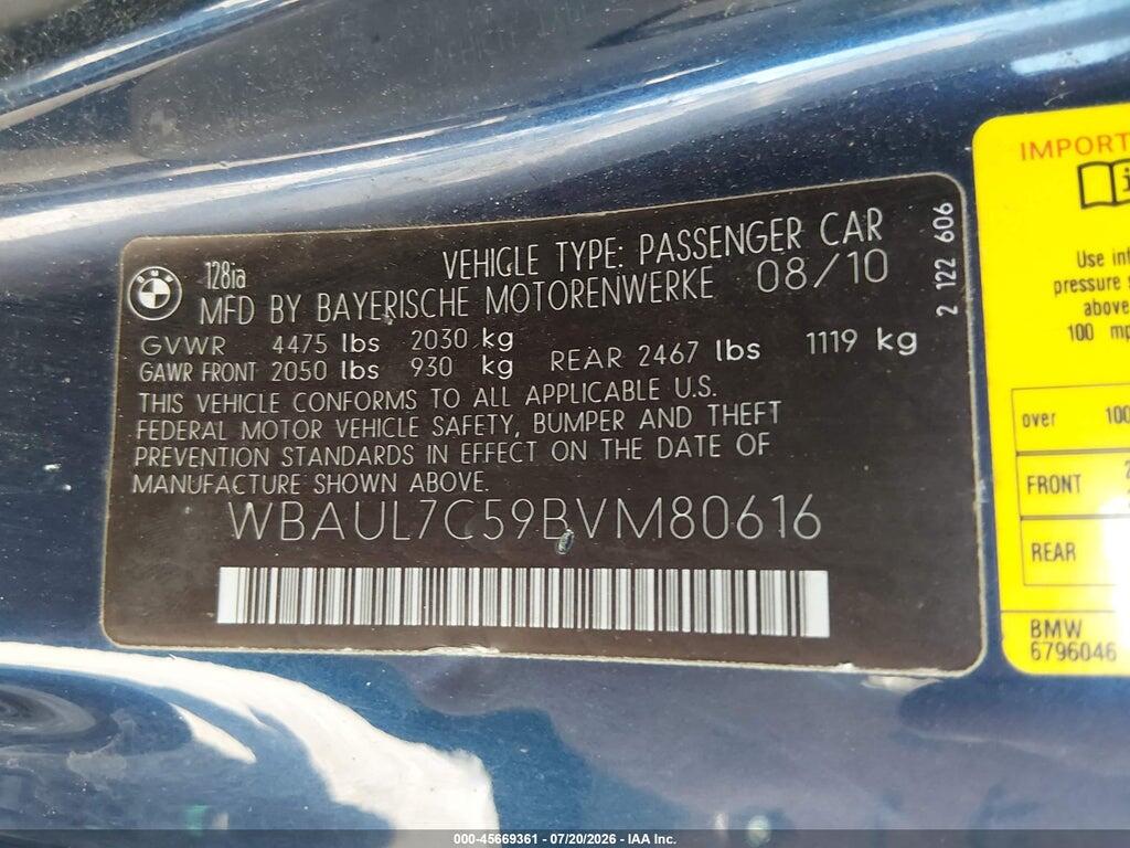 WBAUL7C59BVM80616 2011 BMW 128I photo no. 9