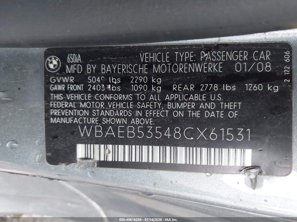 WBAEB53548CX61531 2008 BMW 650I photo no. 9