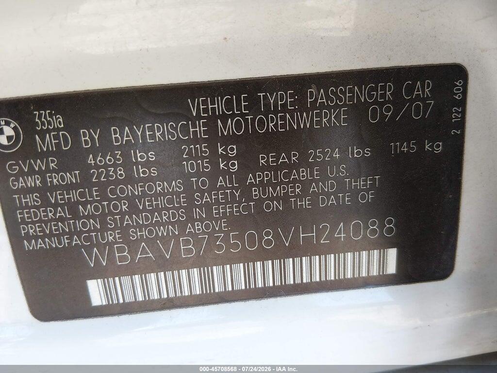 WBAVB73508VH24088 2008 BMW 335I photo no. 9