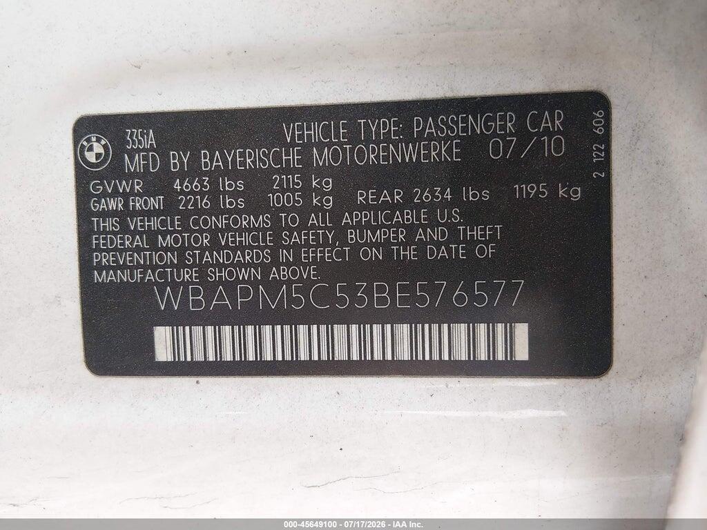 WBAPM5C53BE576577 2011 BMW 335I photo no. 9