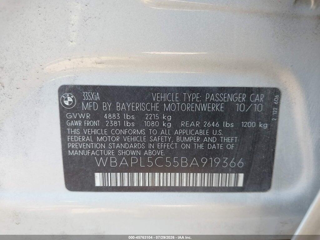 WBAPL5C55BA919366 2011 BMW 335I photo no. 9