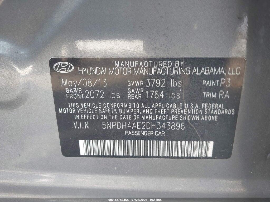 5NPDH4AE2DH343896 2013 HYUNDAI ELANTRA photo no. 9
