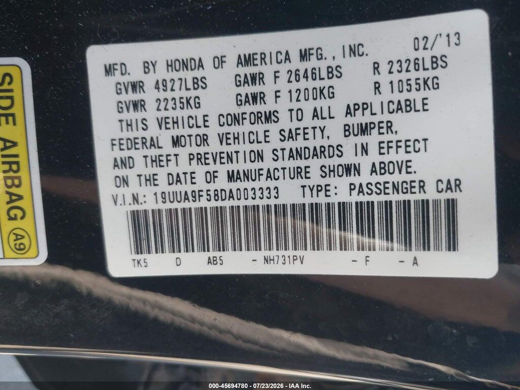 19UUA9F58DA003333 2013 ACURA TL photo no. 9