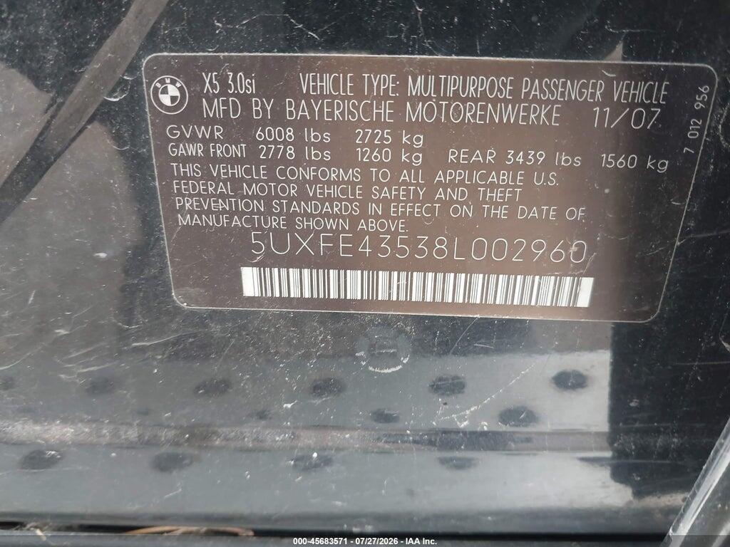 5UXFE43538L002960 2008 BMW X5 photo no. 9