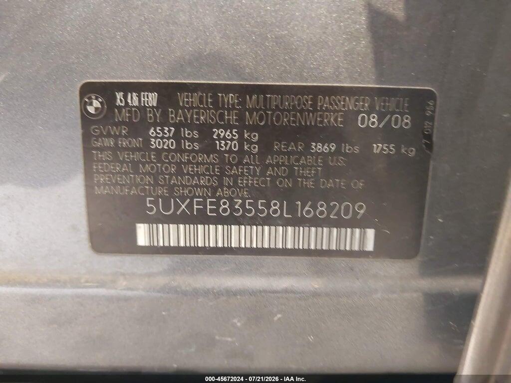 5UXFE83558L168209 2008 BMW X5 photo no. 9