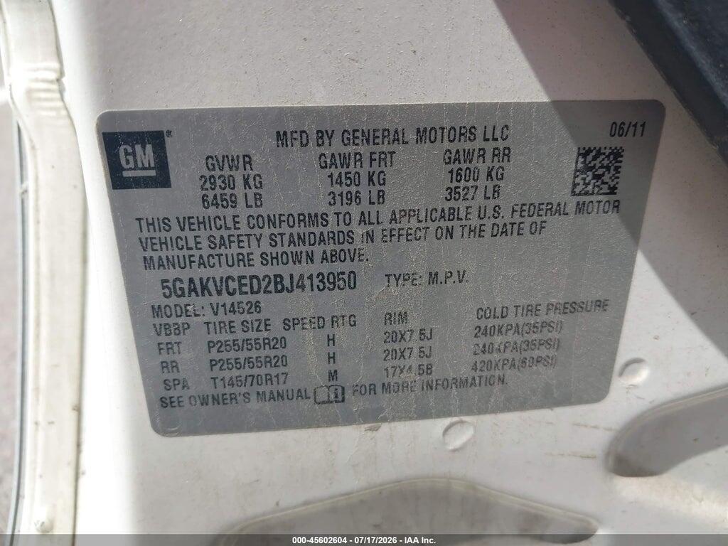 5GAKVCED2BJ413950 2011 BUICK ENCLAVE photo no. 9