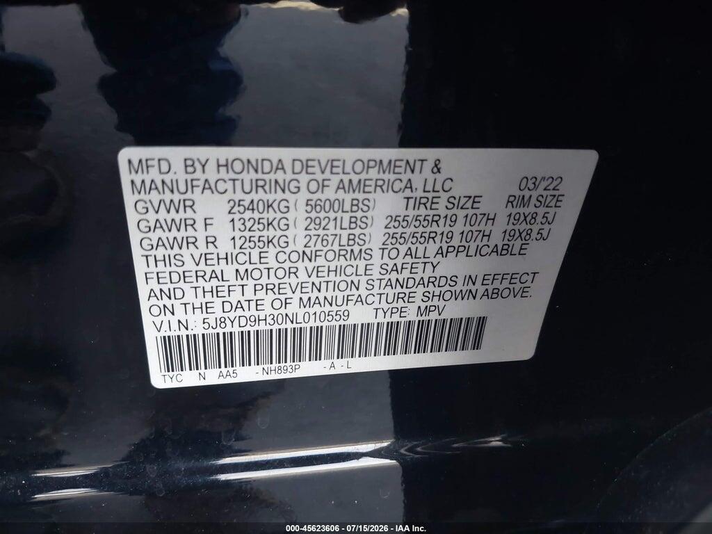 5J8YD9H30NL010559 2022 ACURA MDX photo no. 9