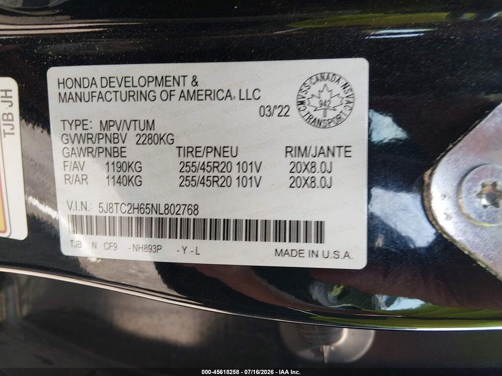 5J8TC2H65NL802768 2022 ACURA RDX photo no. 9