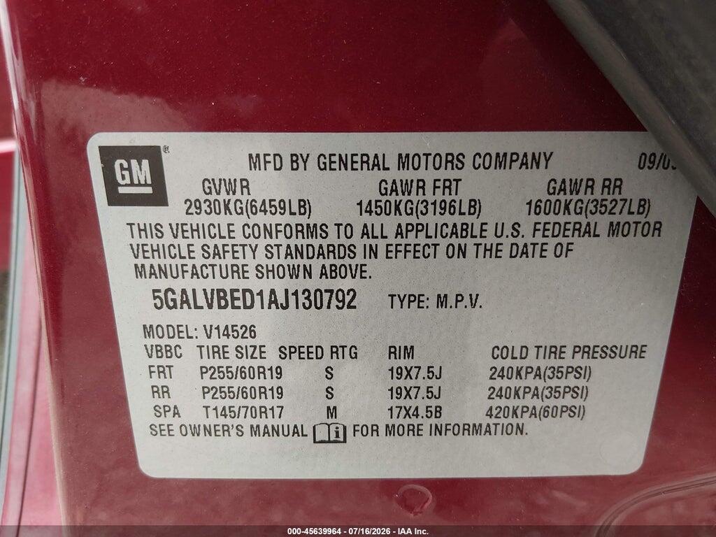 5GALVBED1AJ130792 2010 BUICK ENCLAVE photo no. 9