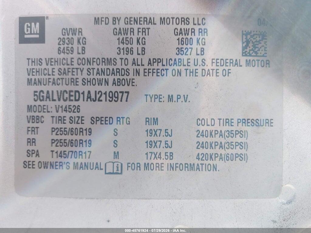 5GALVCED1AJ219977 2010 BUICK ENCLAVE photo no. 9