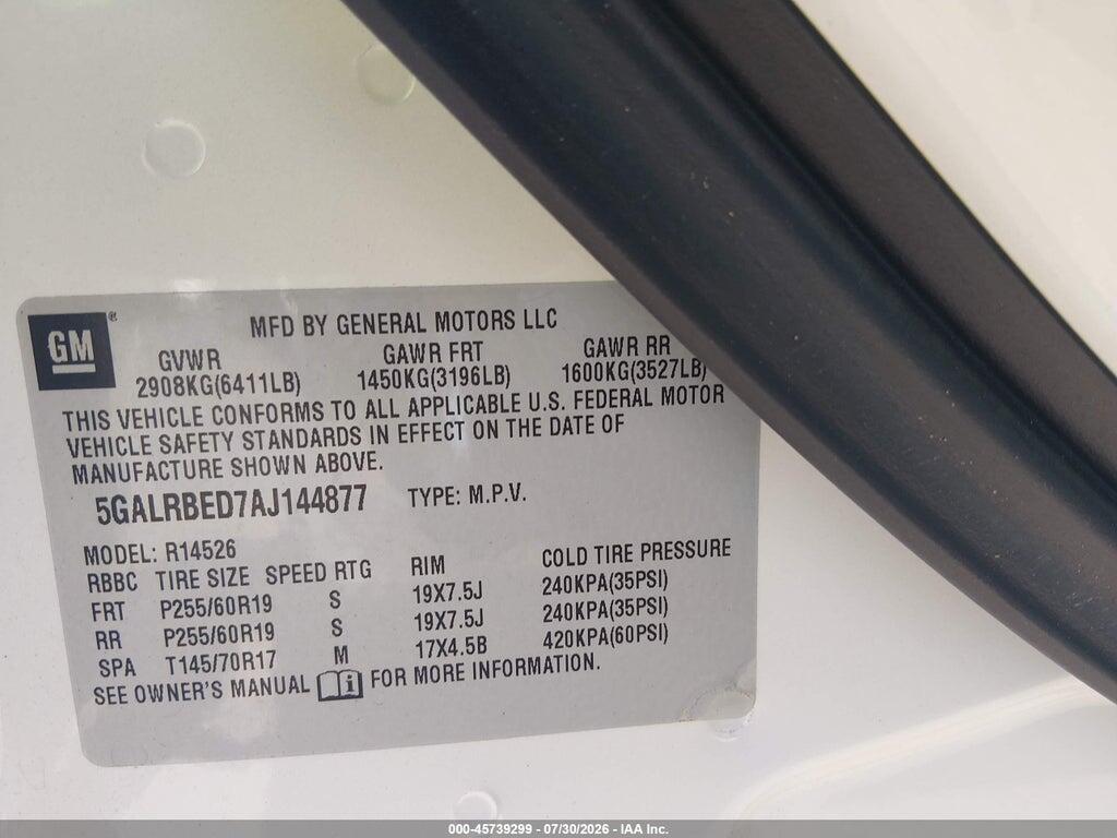 5GALRBED7AJ144877 2010 BUICK ENCLAVE photo no. 9