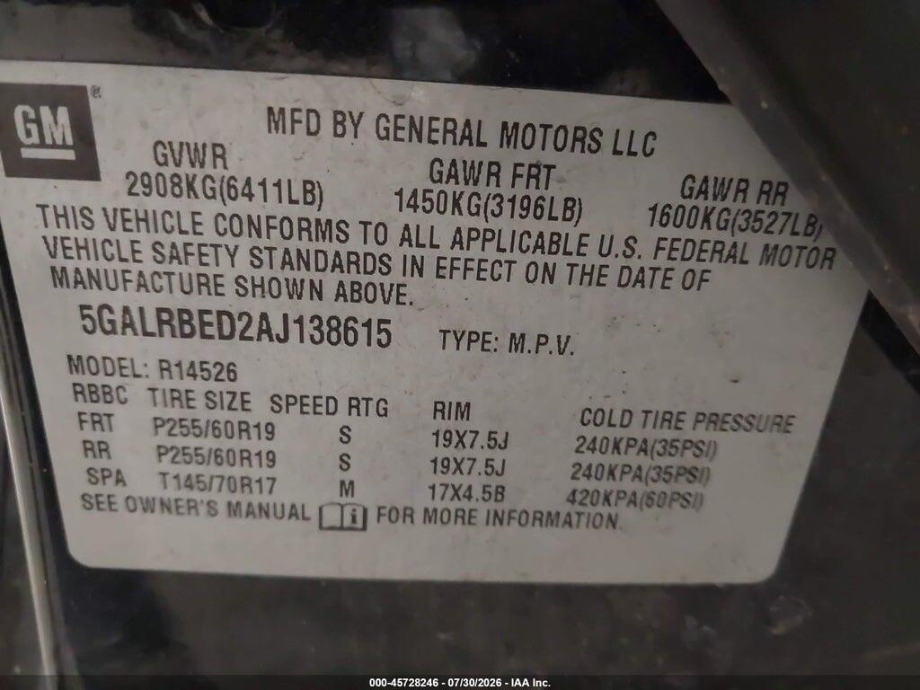 5GALRBED2AJ138615 2010 BUICK ENCLAVE photo no. 9