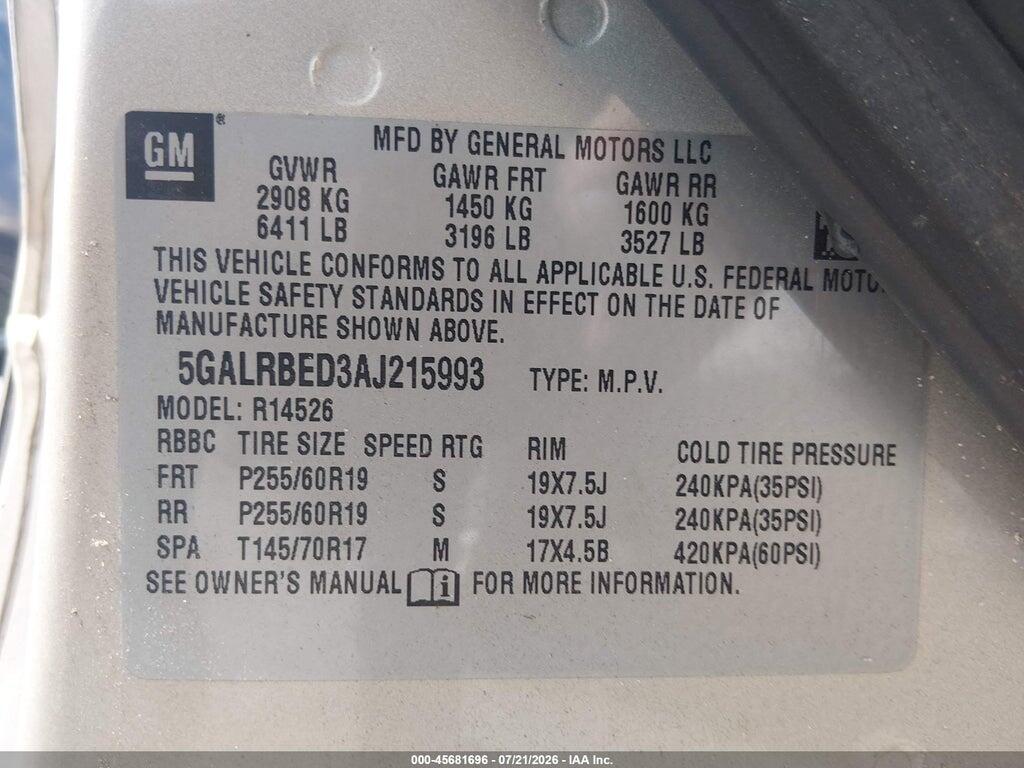 5GALRBED3AJ215993 2010 BUICK ENCLAVE photo no. 9