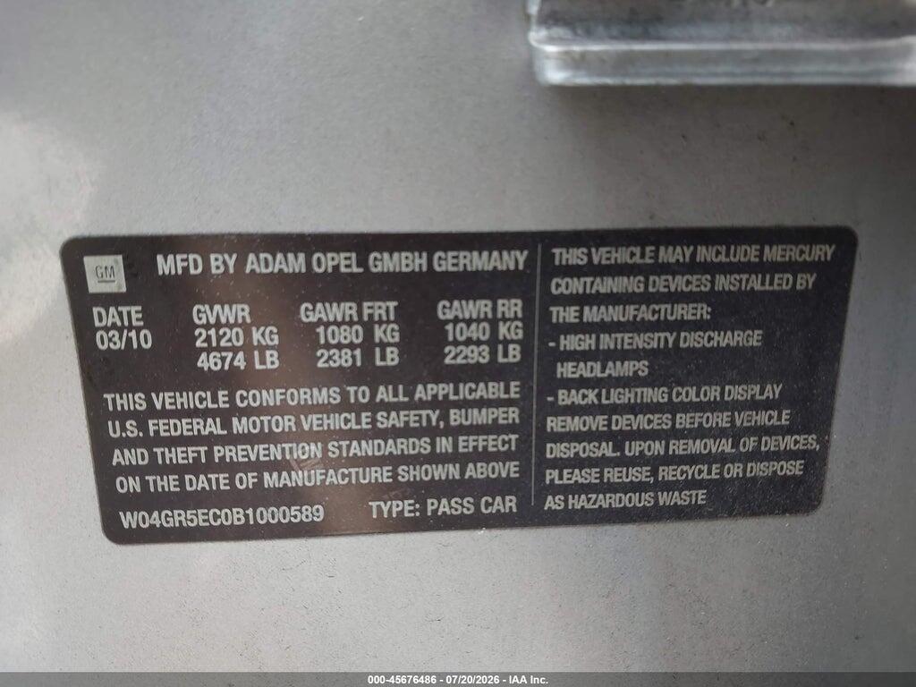 W04GR5EC0B1000589 2011 BUICK REGAL photo no. 9