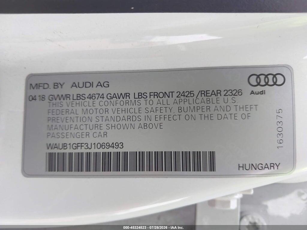 WAUB1GFF3J1069493 2018 AUDI S3 photo no. 9