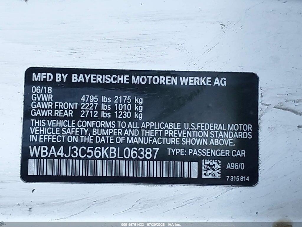 WBA4J3C56KBL06387 2019 BMW 430I GRAN COUPE photo no. 9