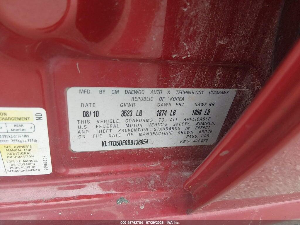 KL1TD5DE9BB136954 2011 CHEVROLET AVEO photo no. 9