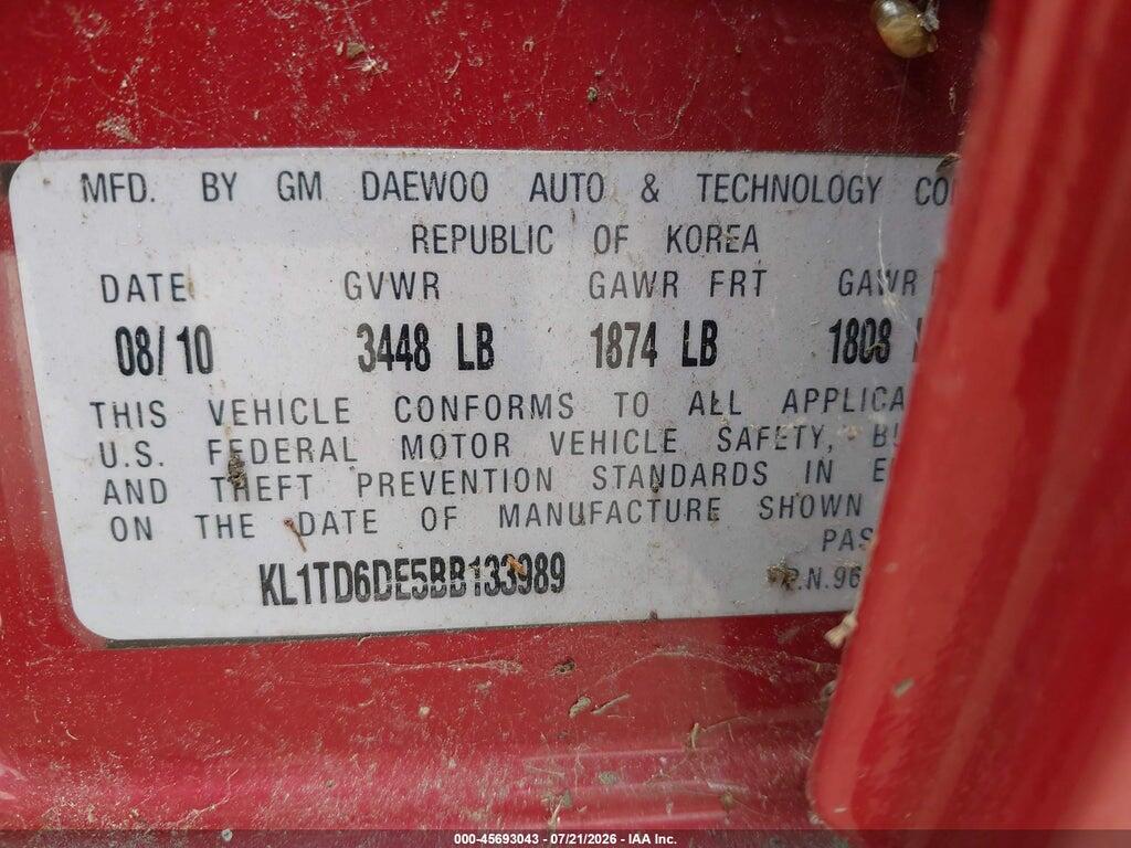 KL1TD6DE5BB133989 2011 CHEVROLET AVEO photo no. 9