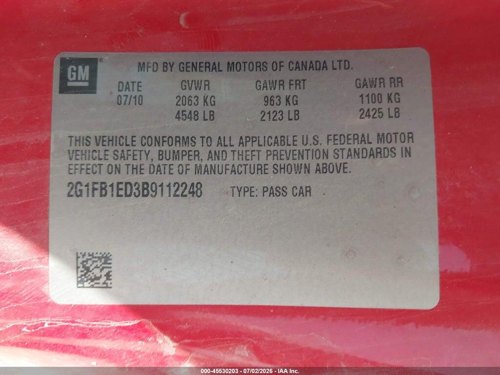 2G1FB1ED3B9112248 2011 CHEVROLET CAMARO photo no. 9