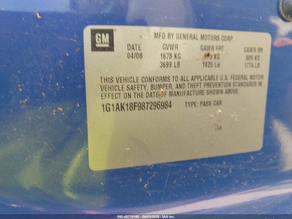 1G1AK18F987296984 2008 CHEVROLET COBALT photo no. 9
