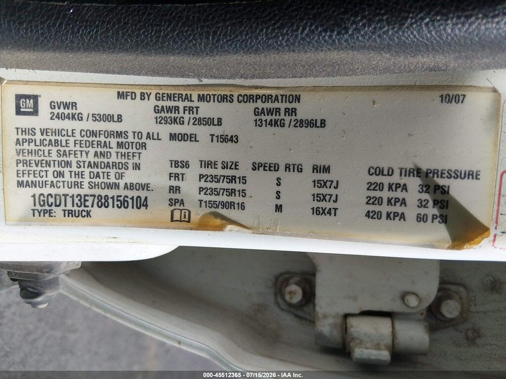 1GCDT13E788156104 2008 CHEVROLET COLORADO photo no. 9