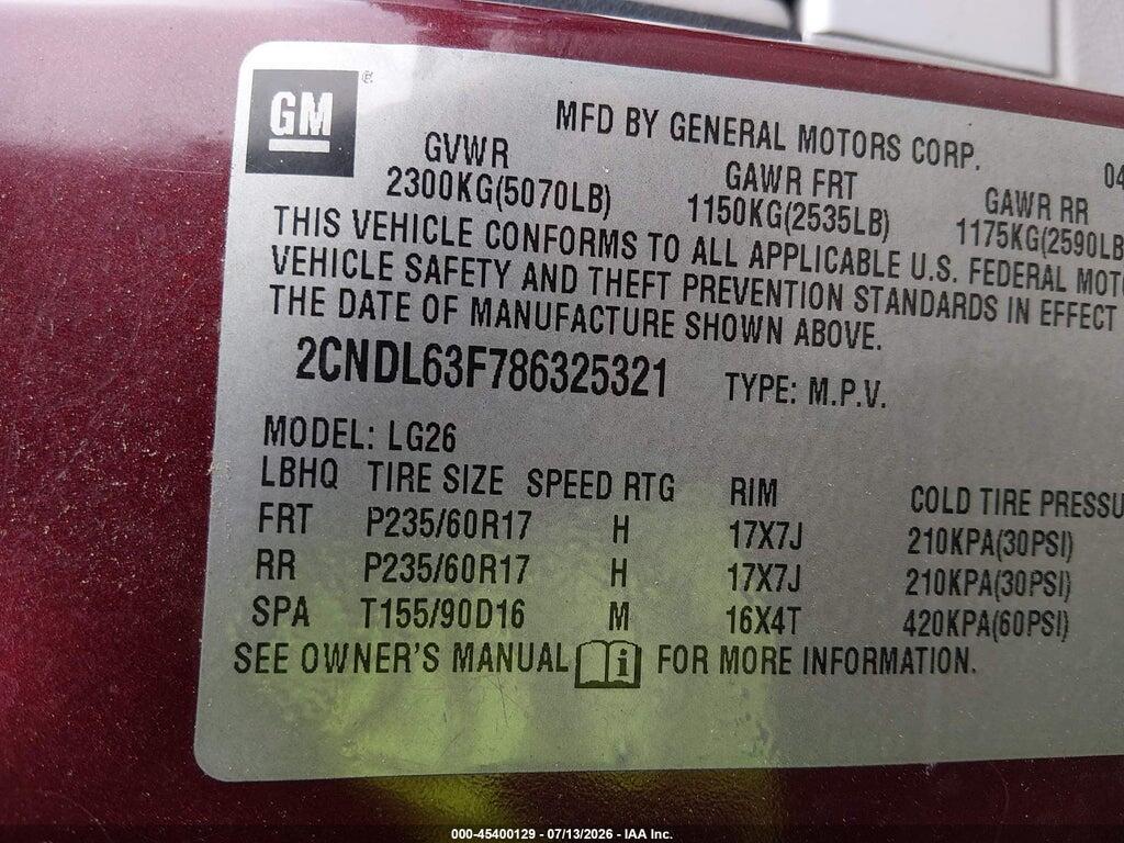 2CNDL63F786325321 2008 CHEVROLET EQUINOX photo no. 9
