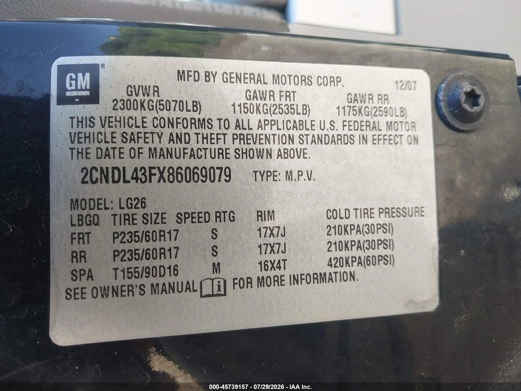 2CNDL43FX86069079 2008 CHEVROLET EQUINOX photo no. 9