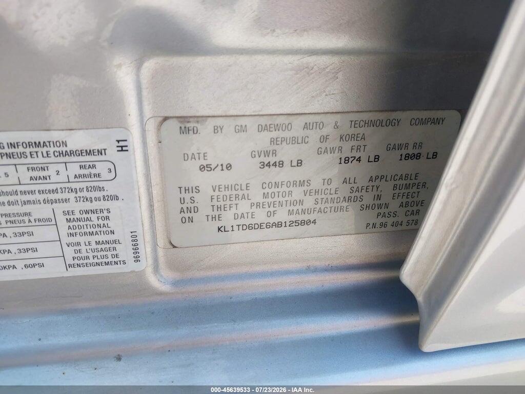 KL1TD6DE6AB125804 2010 CHEVROLET AVEO photo no. 9