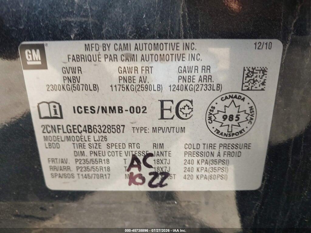 2CNFLGEC4B6328587 2011 CHEVROLET EQUINOX photo no. 9
