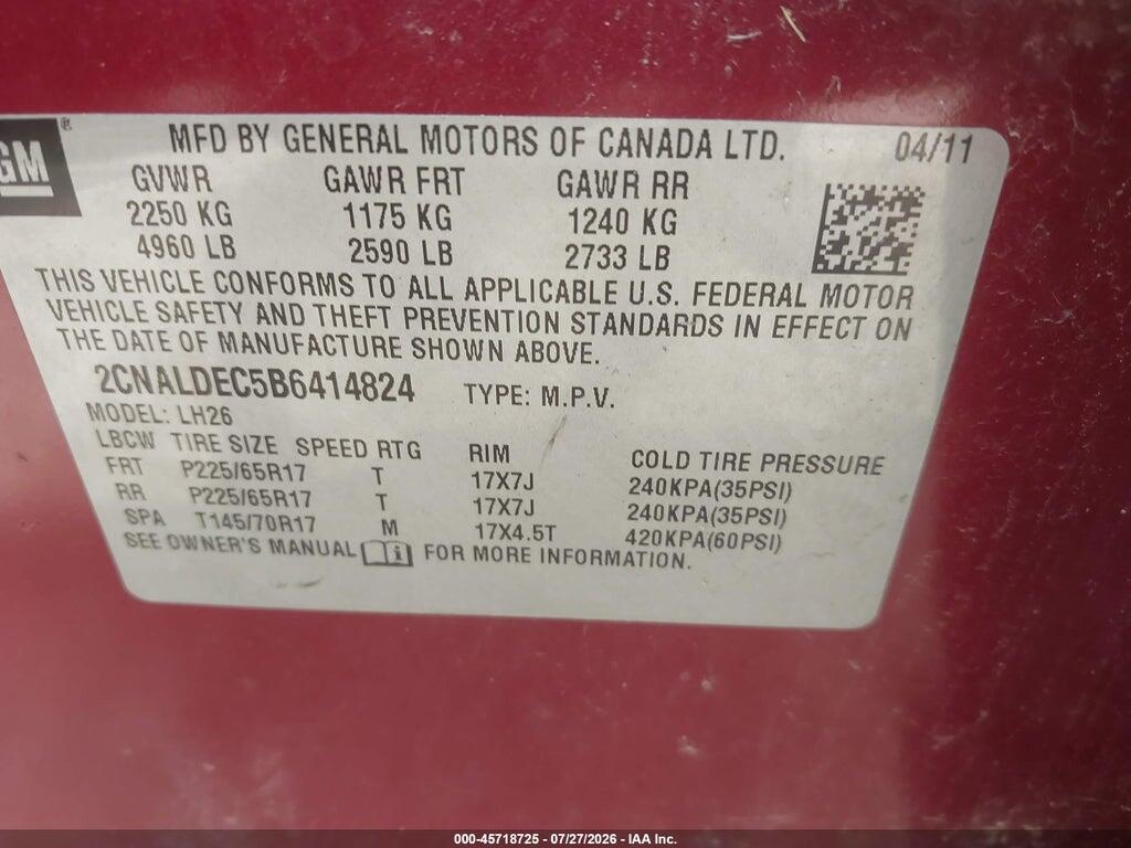 2CNALDEC5B6414824 2011 CHEVROLET EQUINOX photo no. 9
