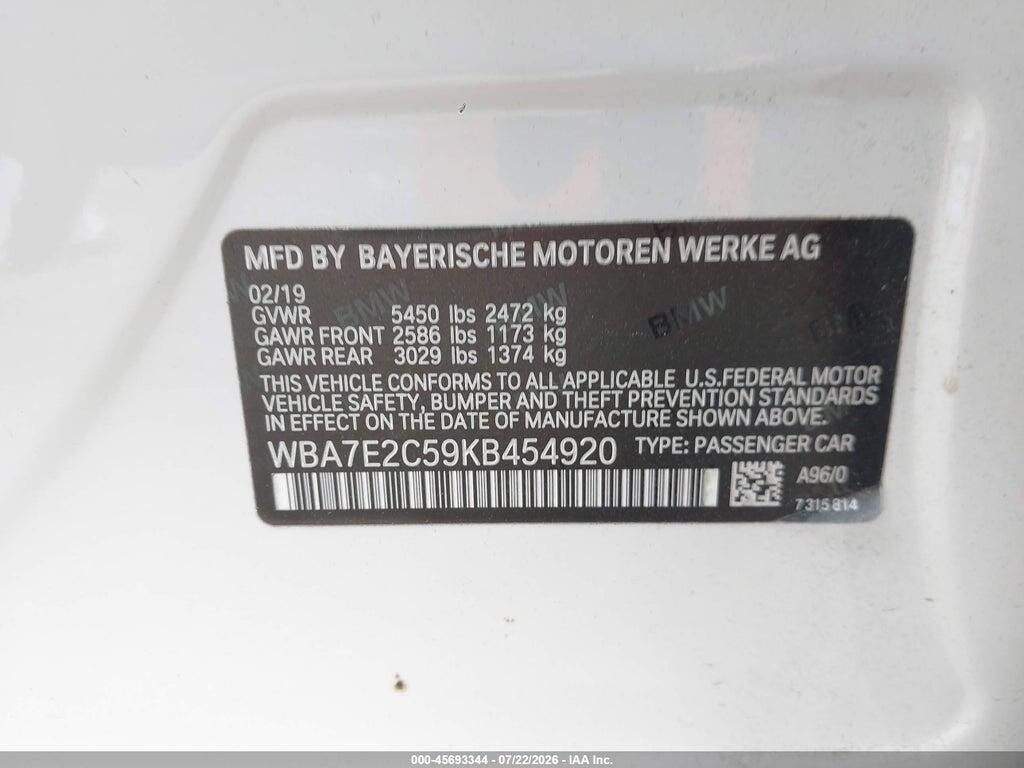 WBA7E2C59KB454920 2019 BMW 740I photo no. 9