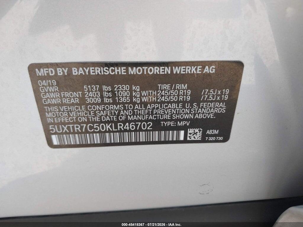 5UXTR7C50KLR46702 2019 BMW X3 photo no. 9