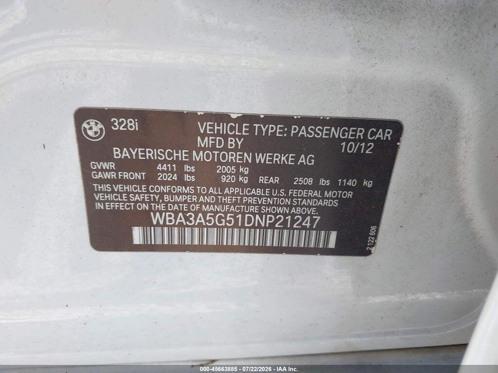 WBA3A5G51DNP21247 2013 BMW 328I photo no. 9